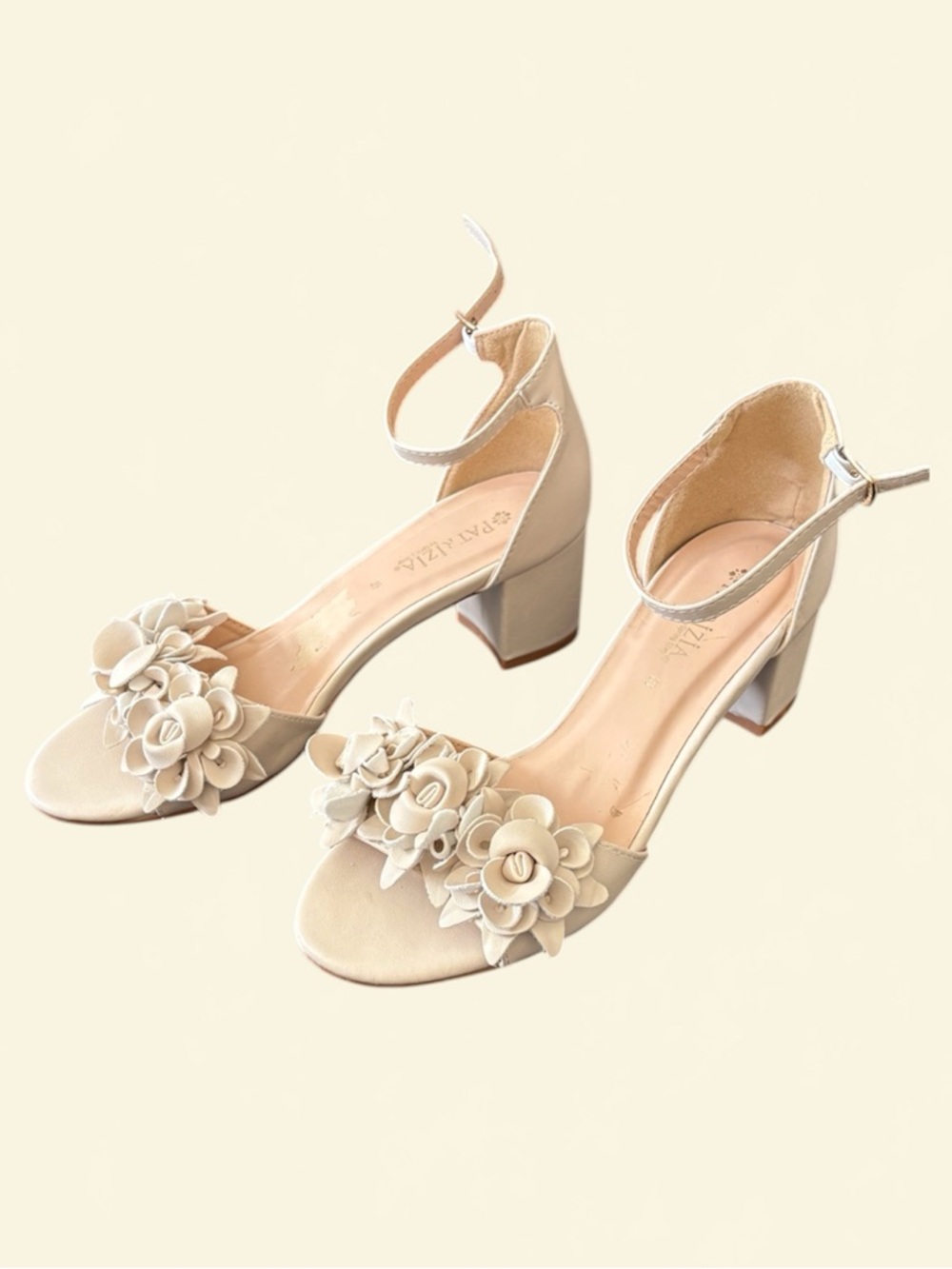 Ankle-Strap Block Heel Sandals with Floral Applique - Cream